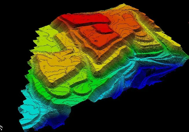 A 3D model of a mountain, with red at the top, then orange below, then yellow, then green, then light blue, and dark blue at the lowest part