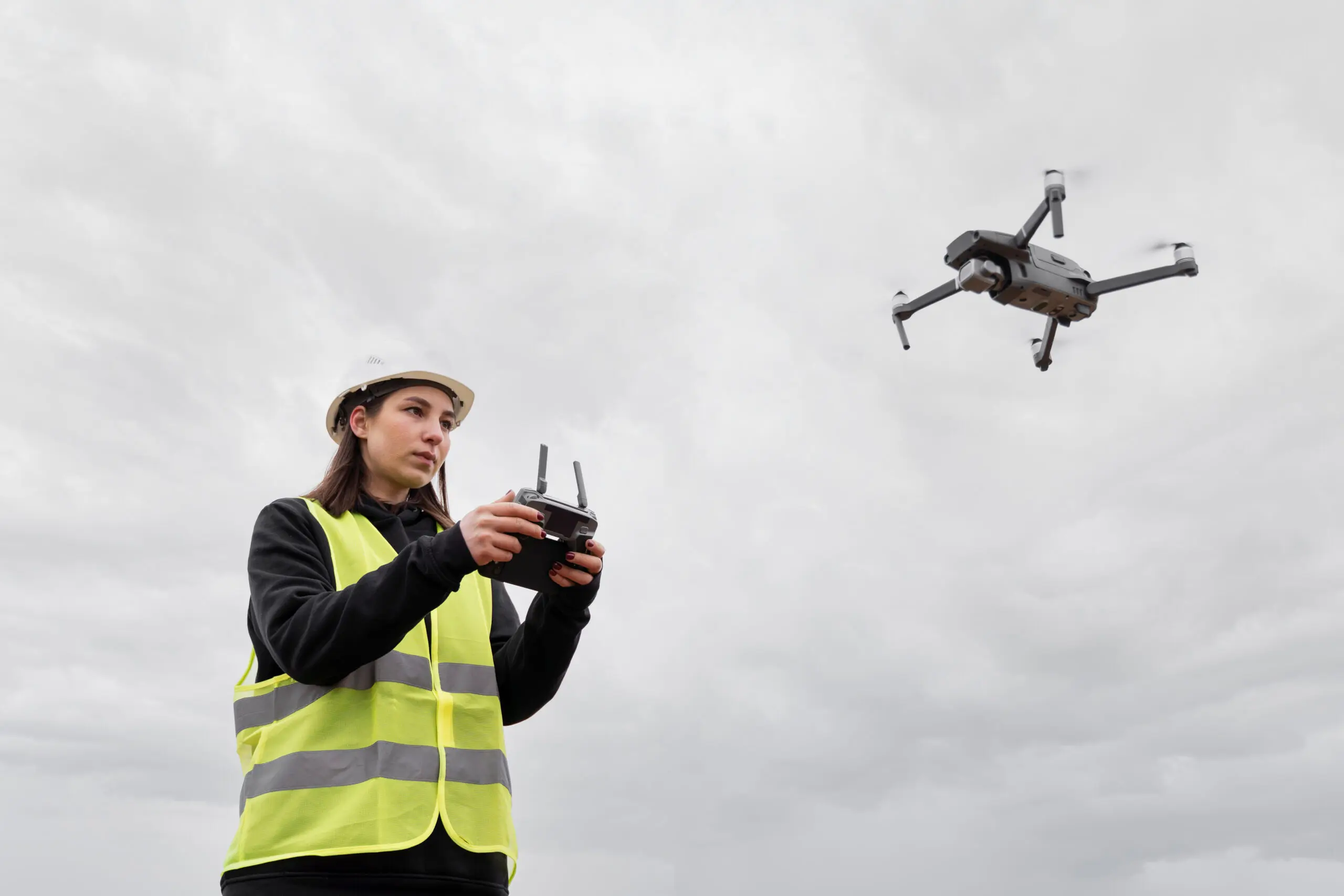 A woman wearing a green vest and white hat is operating a white drones in flight using a remote control